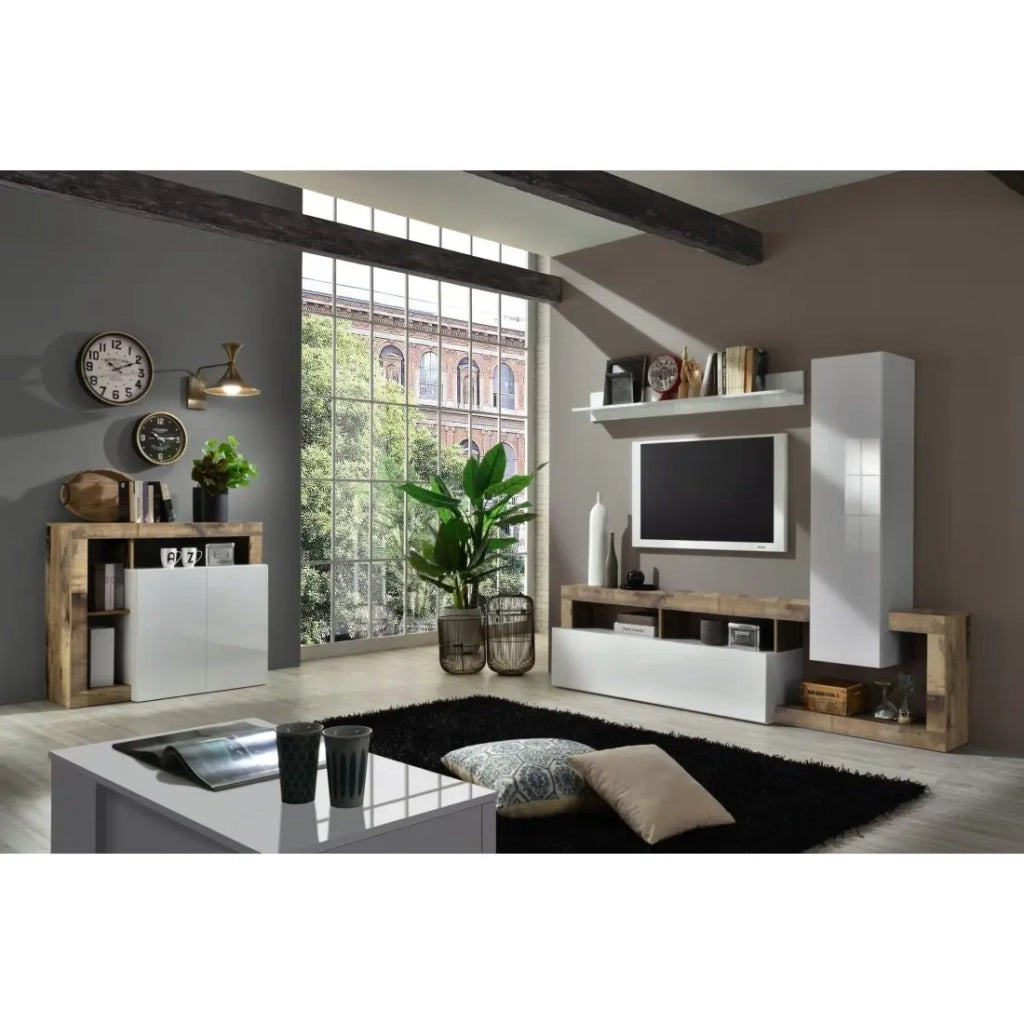 Buffet 2 porte collezione BURA, colore bianco lucido laccato e rovere chiaro