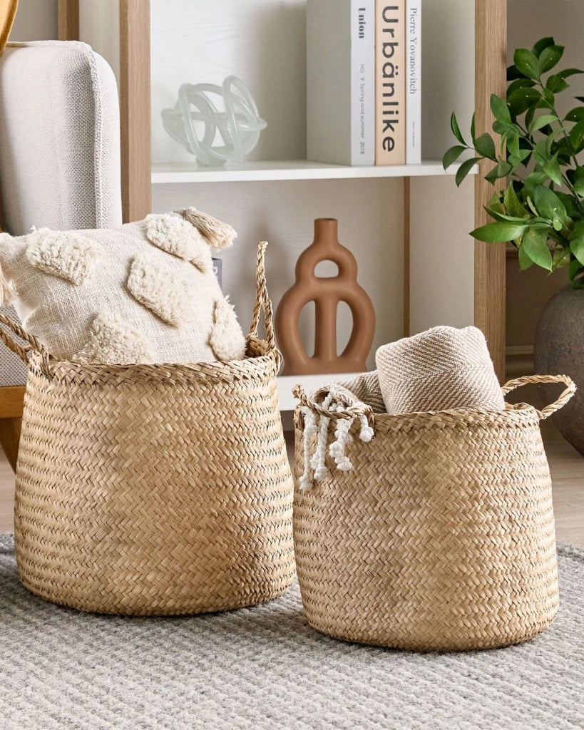 Set di 2 cestini in seagrass naturale con manici intrecciati a mano Decorazione di accessori per la casa in stile bohémien