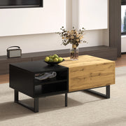 Tavolino basso con 3 vani aperti e cassetto pannello truciolare nero e legno 100 × 50 × 40 cm