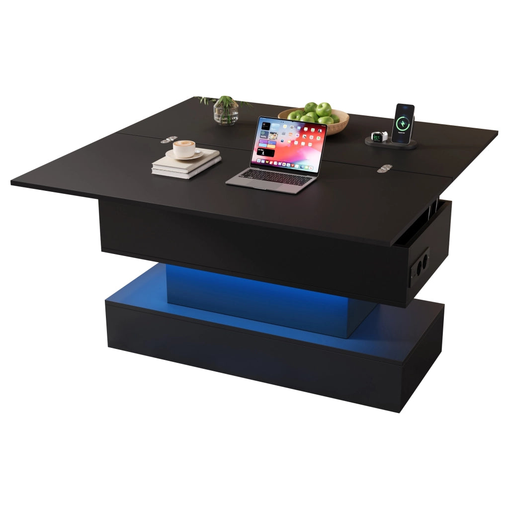 Tavolino da caffè alzabile con LED e presa laterale - per soggiorno - 100×50×51.5 cm - nero