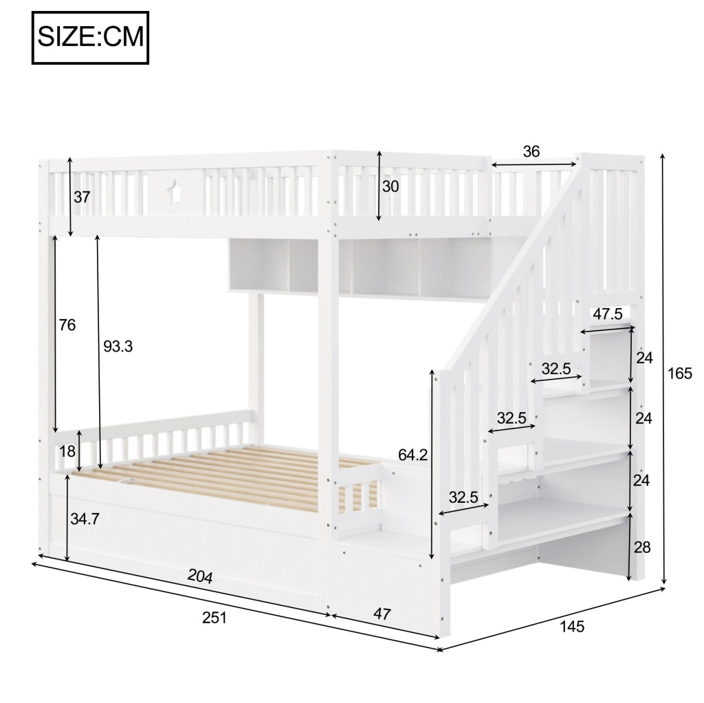 Letto a castello ULEVR 140x200 cm con letto inferiore idraulico, scala contenitore e ripiani, bianco