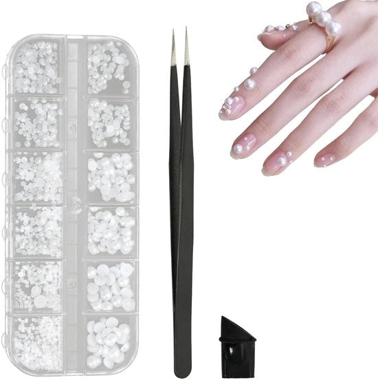 6 forme di perle semicircolari, decorazione per unghie, perle piatte, scatola con perle, decorazione per unghie, decorazione, con pinza, scatola di conservazione per unghie, custodia per cellulare, attività di fai da te (1 scatola/12 contenitori)