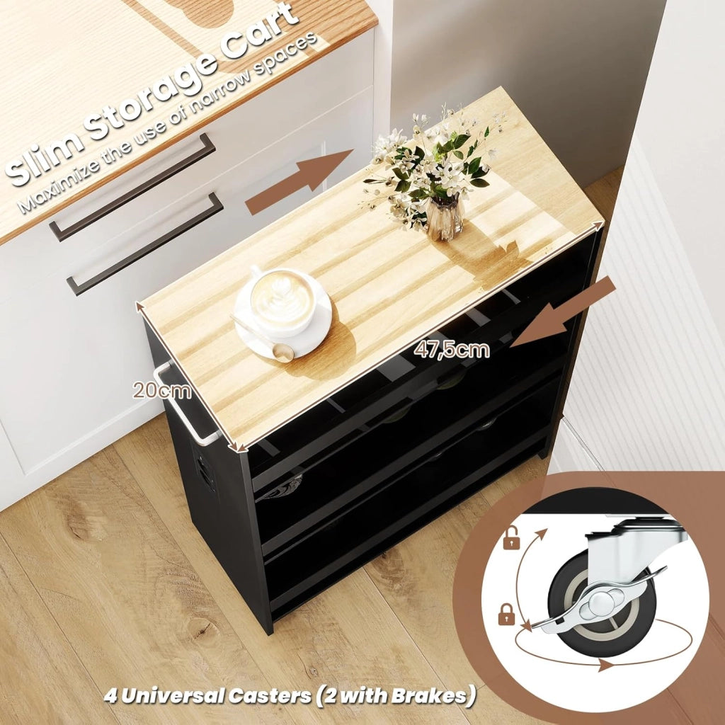Carrello Portaoggetti a 4 Ripiani con Ruote Rirevoli a 360°, Carrellino Scorrevole con Maniglia Slim, da Bagno, Cucina, Lavanderia, 47,5 x 20 x 80,5 cm (Nero e Naturale, Con Presa)