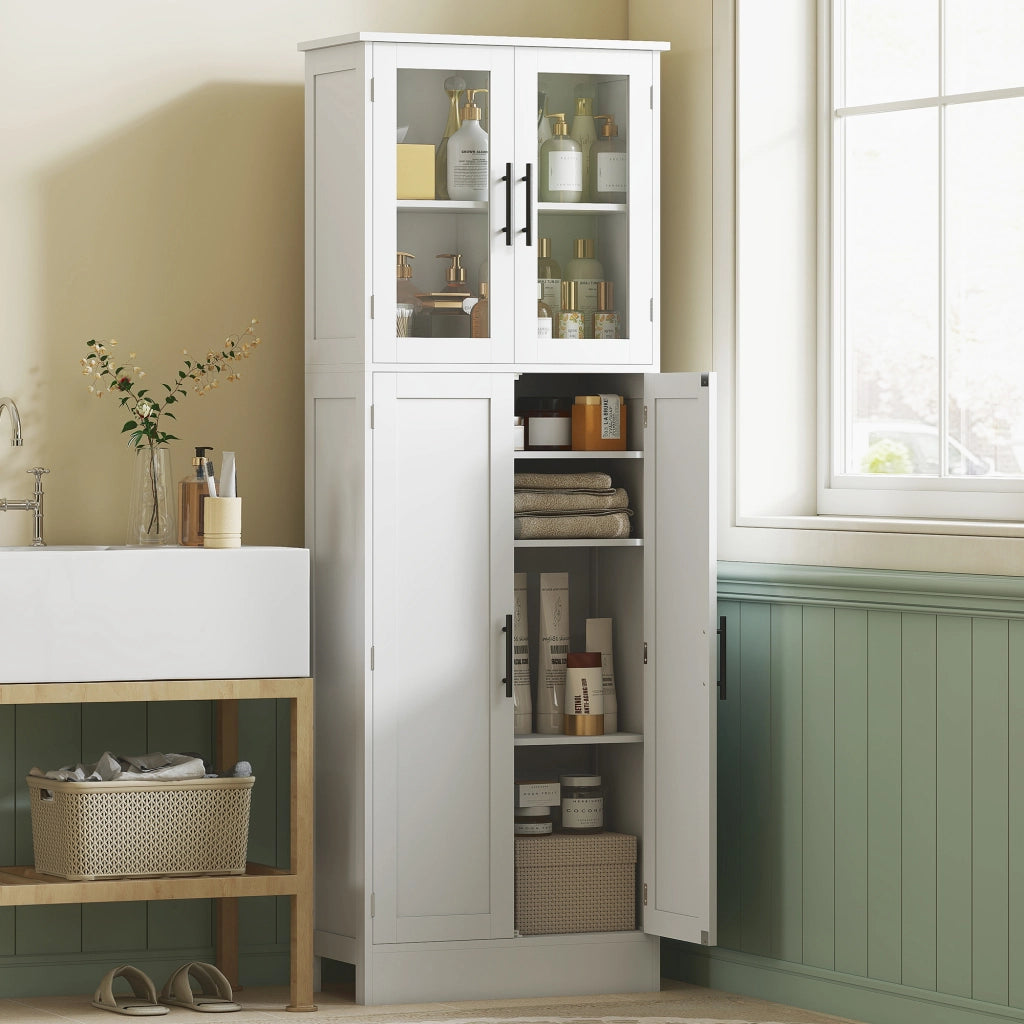 Mobile Bagno Alto con Ripiani Regolabili e Ante in Vetro ¨C Minimal ¨C 60x30x170 cm Bianco