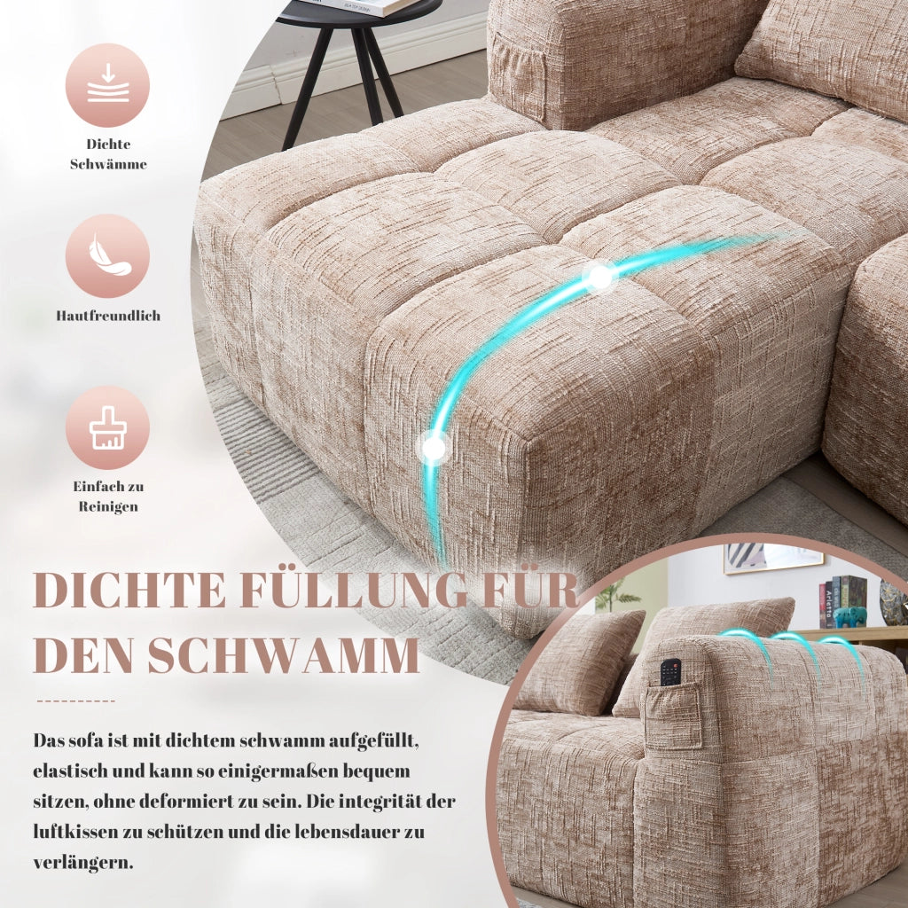 OKWISH Divano con Chaise Longue Reversibile 3 Posti, Modulare senza Montaggio con Tasche Laterali e 3 Cuscini, Ciniglia, Cachi