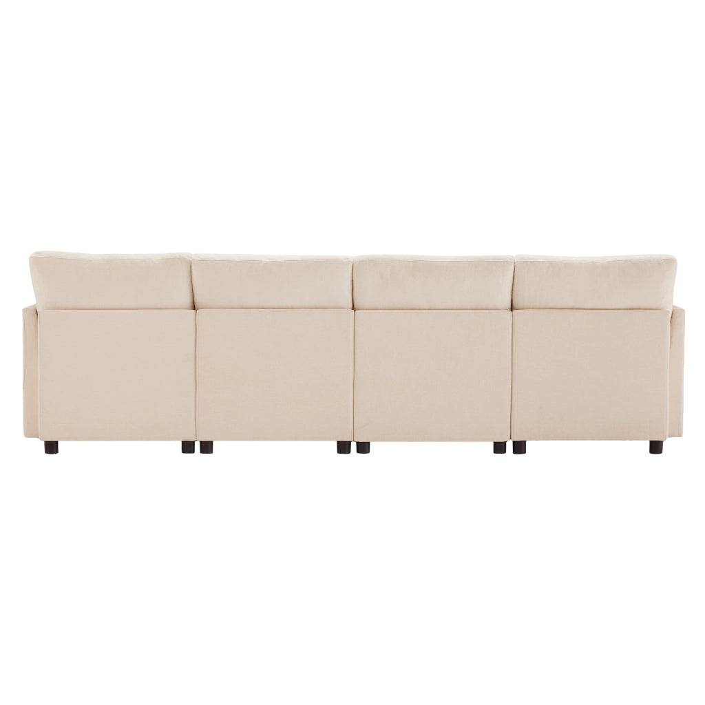 Divano Modulare da 4 a 6 Posti con Configurazione a U o a L e 2 Pouf, 6 Cuscini, in Ciniglia Beige