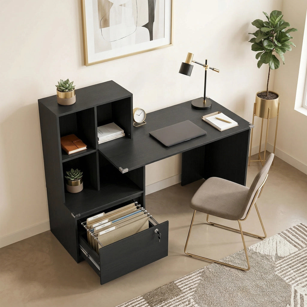 Scrivania con libreria e cassetto bloccabile ¨C Zephmum ¨C Nero, legno, 126x50x109 cm