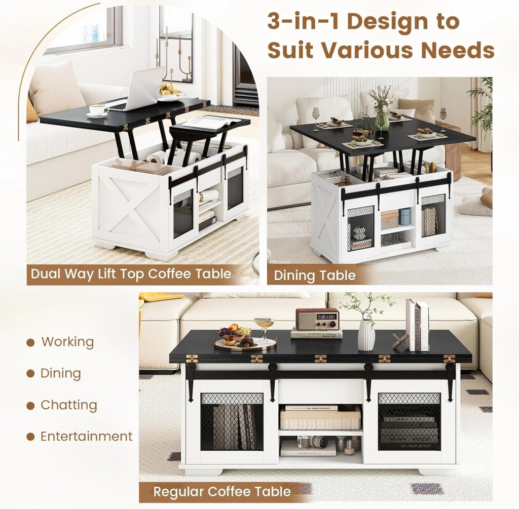 Tavolino da Caffè Sollevabile, Tavolini Salotto Moderno con 3 Vani Nascosti, 2 Ante Scorrevoli, Piano Sollevabile, Carico 75 KG, Tavolo per Salotto, Ufficio, 105 X 108 X 66,5 CM (Nero)