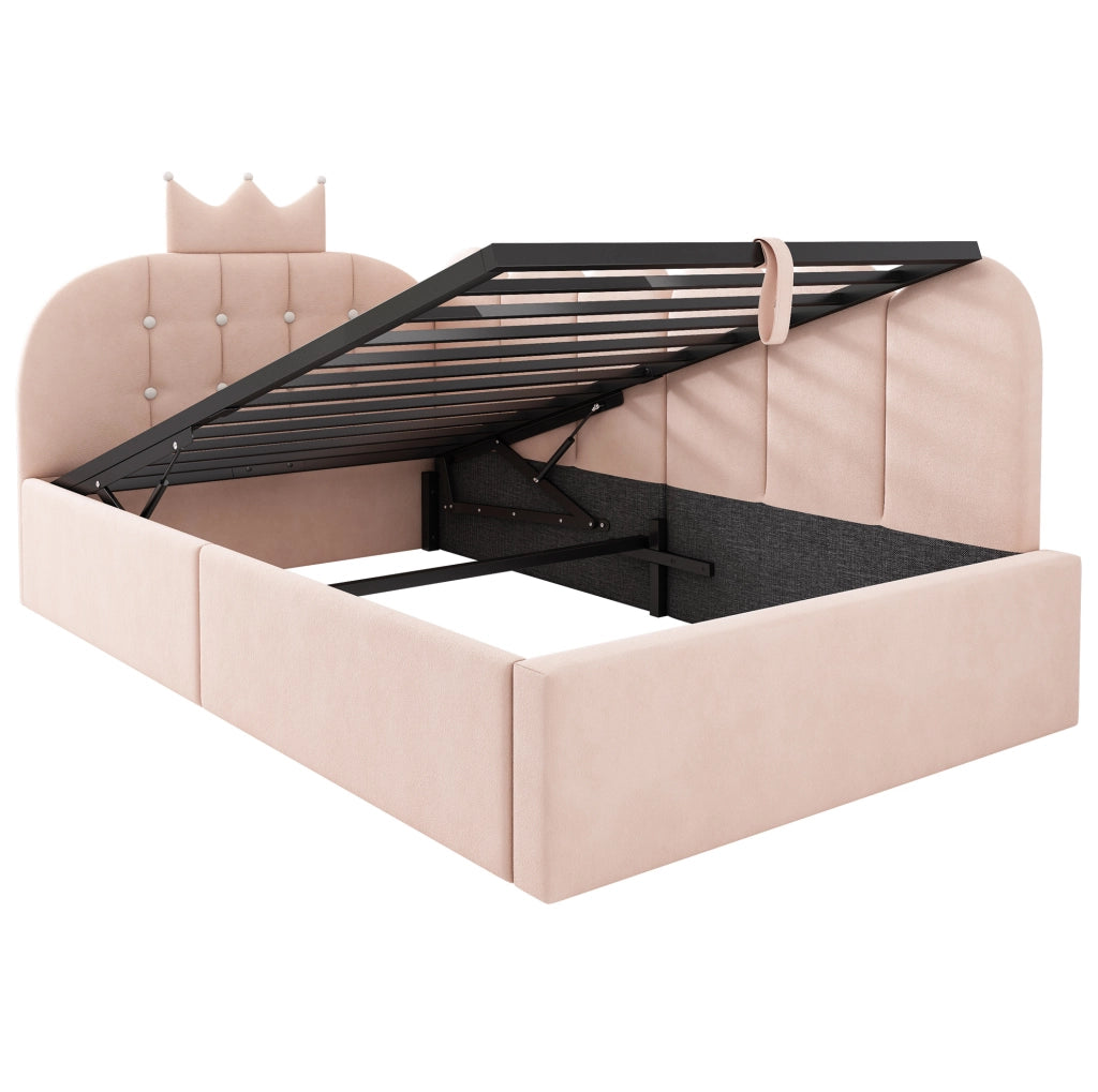 Letto a giorno 90x190 cm con contenitore; velluto rosa; lato reversibile