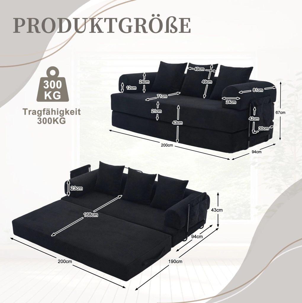 Divano modulare 200x94x67 cm con 3 cuscini; tasca laterale e struttura in metallo in velluto nero
