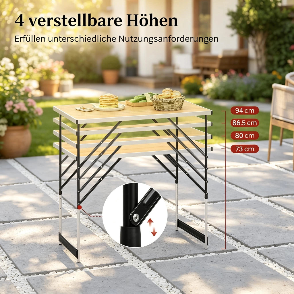 Tavolo da pranzo da esterno pieghevole con altezza regolabile a 4 livelli per giardino; in MDF; rovere chiaro