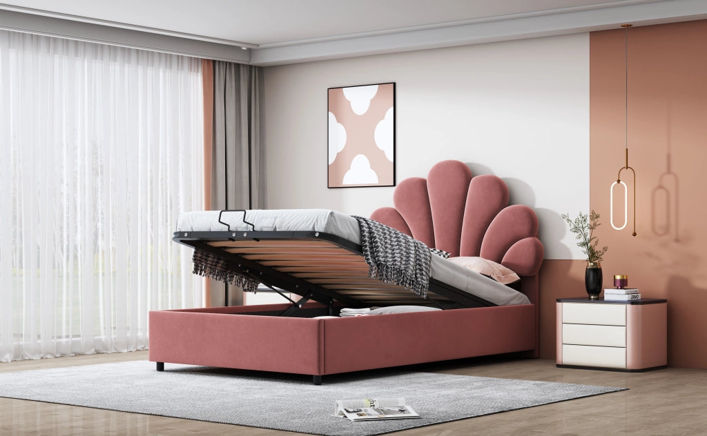Letto per bambini imbottito con testiera floreale regolabile; contenitore idraulico e doghe; velluto rosa; 90x200 cm; senza materasso