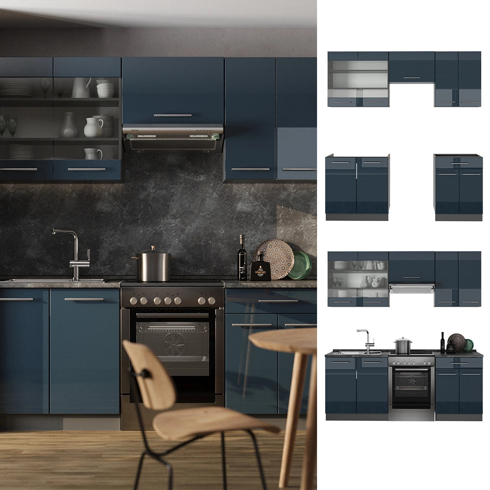 Mobili da cucina Fame-Line Blu scuro lucido/Antracite 200 cm senza piano di lavoro Vicco