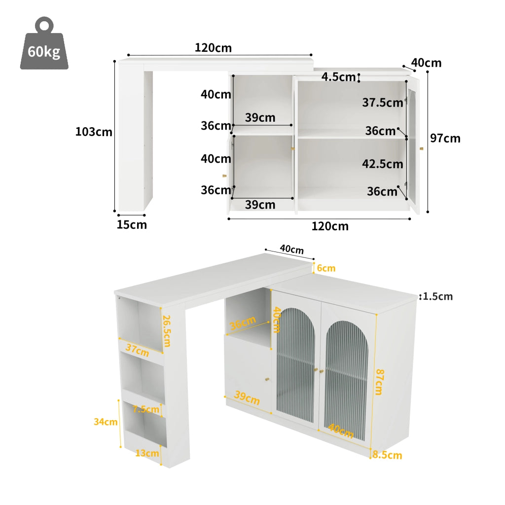 Mobile Bar Girevole con Anta in Vetro; Ripiani Aperti e Vano Contenitore Chiuso per Cucina e Sala da Pranzo; Bianco