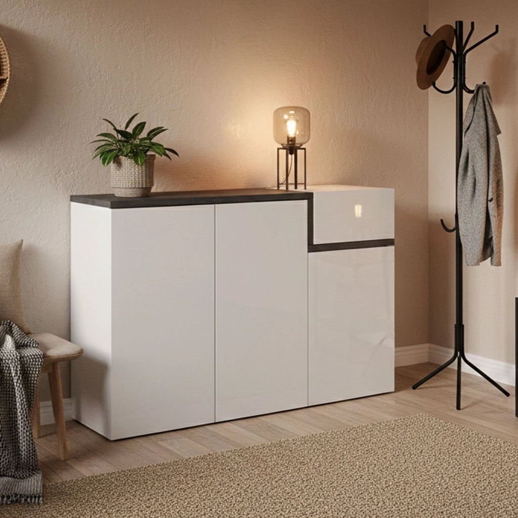 Mobile Portascarpe Anist, Scarpiera 22 Paia Made in Italy, 120x40x80h cm Bianco Lucido