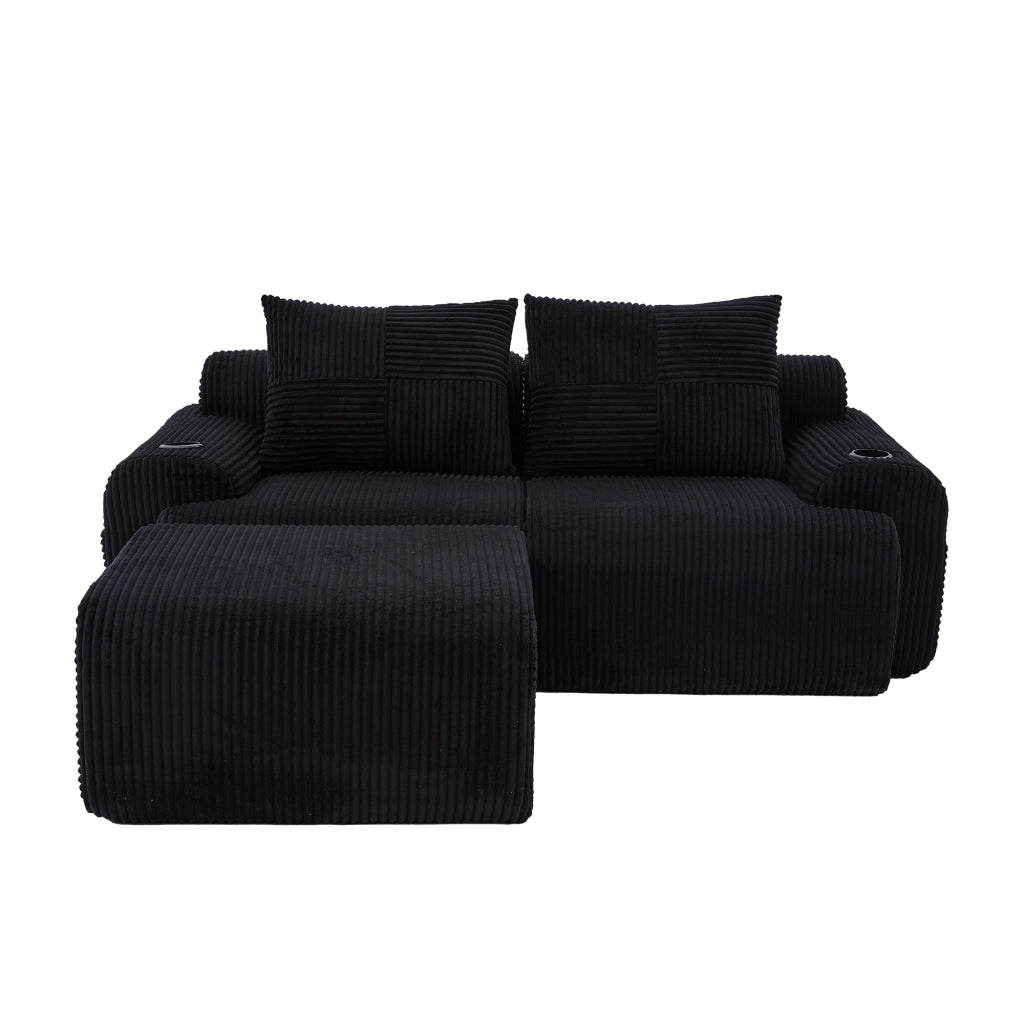 Divano modulare 2 posti con pouf, portabicchieri e tasca laterale in tessuto corduroy nero 200 × 174 × 80 cm