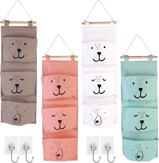 Set di 4 Sacchi da Parete con Ganci per Organizzare la Stanza dei Bambini con 3 Tasche per Bagno, Camera e Stanza
