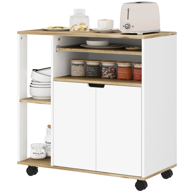 Carrello da Cucina con 2 Ante; 3 Vani Aperti; Ripiano Regolabile e Ruote; in Legno; 80 x 40 x 82 cm; Legno Naturale
