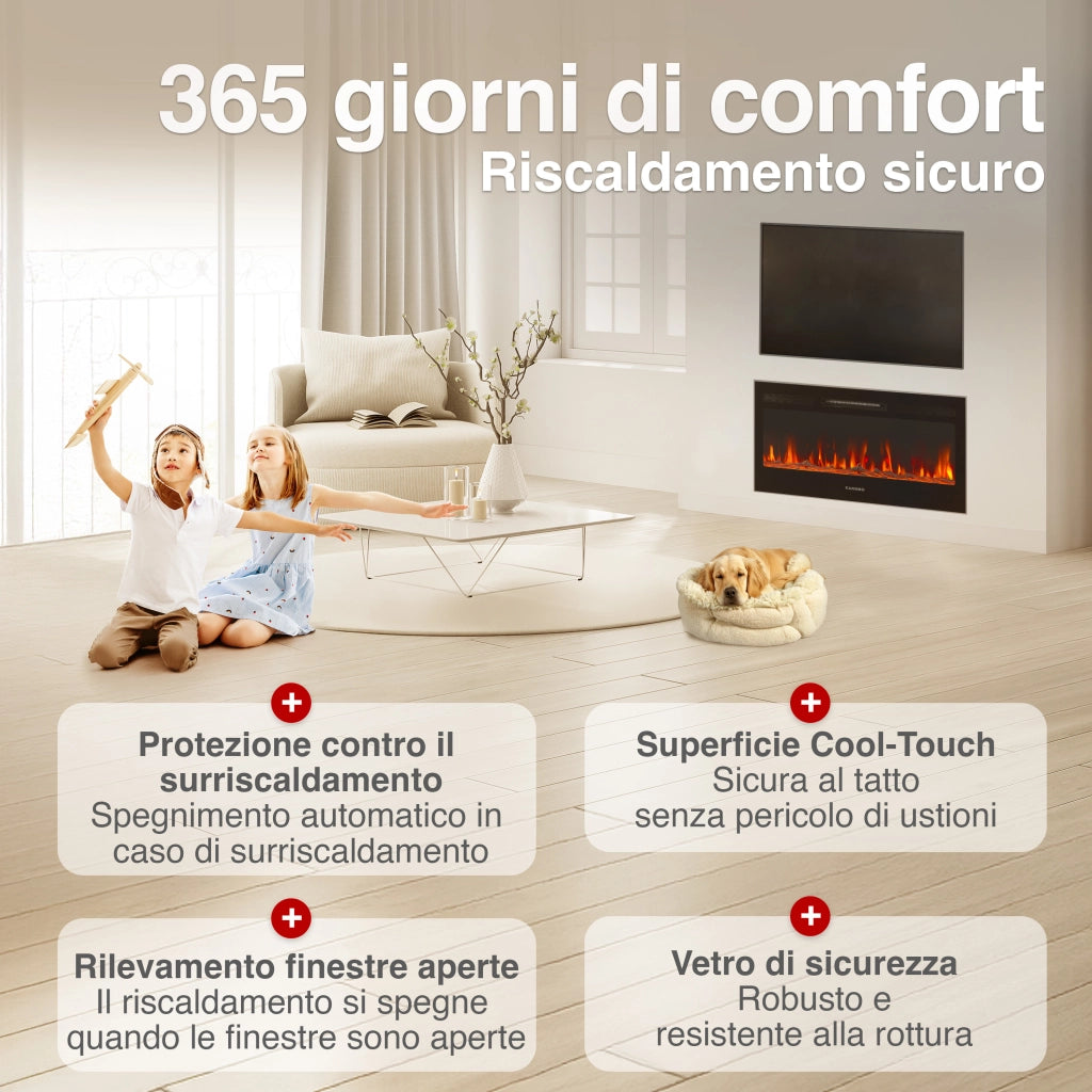 KAMINIO Camino elettrico MARLON - Camino elettrico 3 in 1 con riscaldatore, effetto fiamma 3D, 12 colori di fiamma, telecomando - 36 pollici