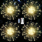 Decorazione esterna per Natale Lampade a fuochi d'artificio 4 x 120 led lampade da giardino con alimentazione USB 8 modi lampade stellate con telecomando IP65 illuminazione alogena per interni ed esterni per pergole e capanne di giardino.