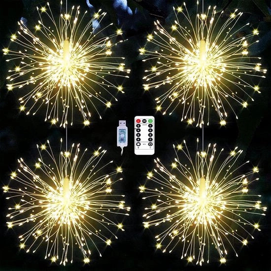 Decorazione esterna per Natale Lampade a fuochi d'artificio 4 x 120 led lampade da giardino con alimentazione USB 8 modi lampade stellate con telecomando IP65 illuminazione alogena per interni ed esterni per pergole e capanne di giardino.