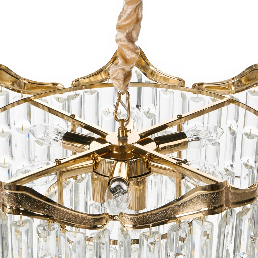 Lampadario in ferro dorato con cristalli sintetici acrilici design a più livelli stile glamour effetto scintillante