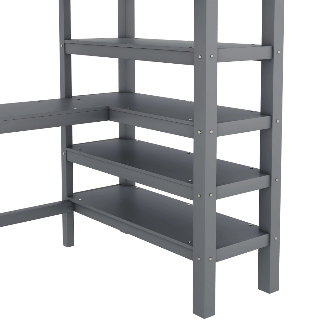 Letto a Soppalco 90 x 200 cm; Letto Singolo con Scrivania; Scaffali e Scala; senza Materasso; Pino e MDF Grigio