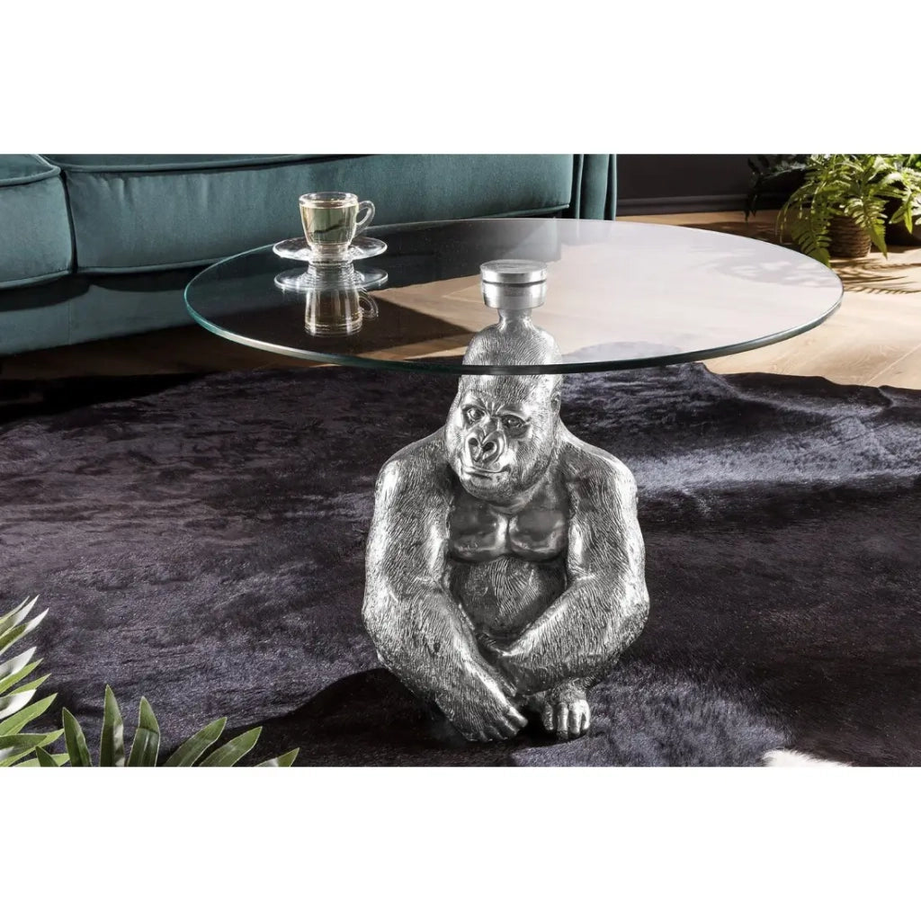 Tavolino basso GORILOX rotondo 60 cm in alluminio argentato e vetro temperato