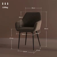 Set 2 Sedie da Pranzo Nordiche Imbottite con Braccioli Ricurvi in Tessuto Effetto Velluto, 54x57x80 cm, Marrone