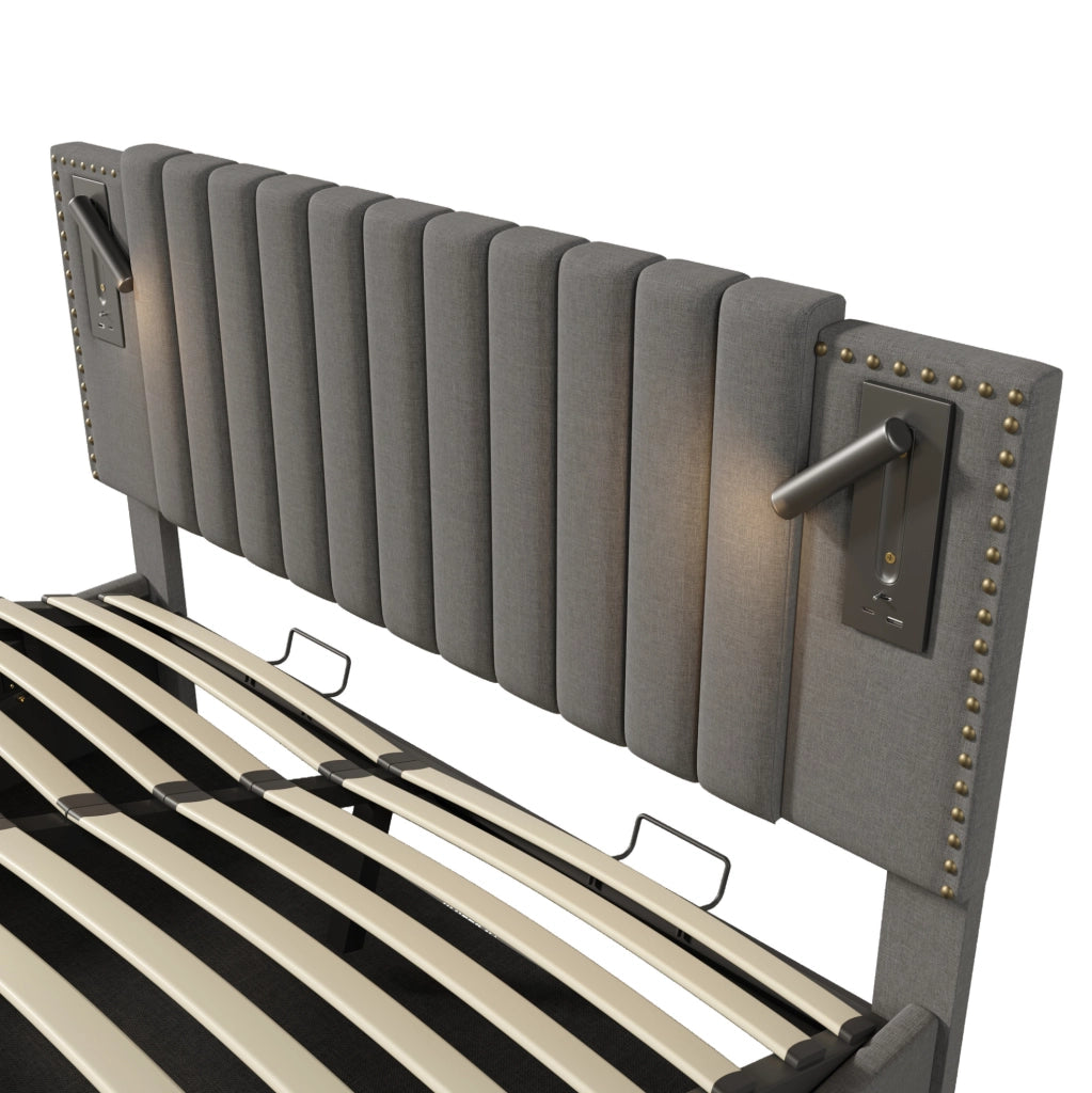 Letto matrimoniale 160x200 cm con contenitore; testiera regolabile; luce lettura e porte USB; grigio
