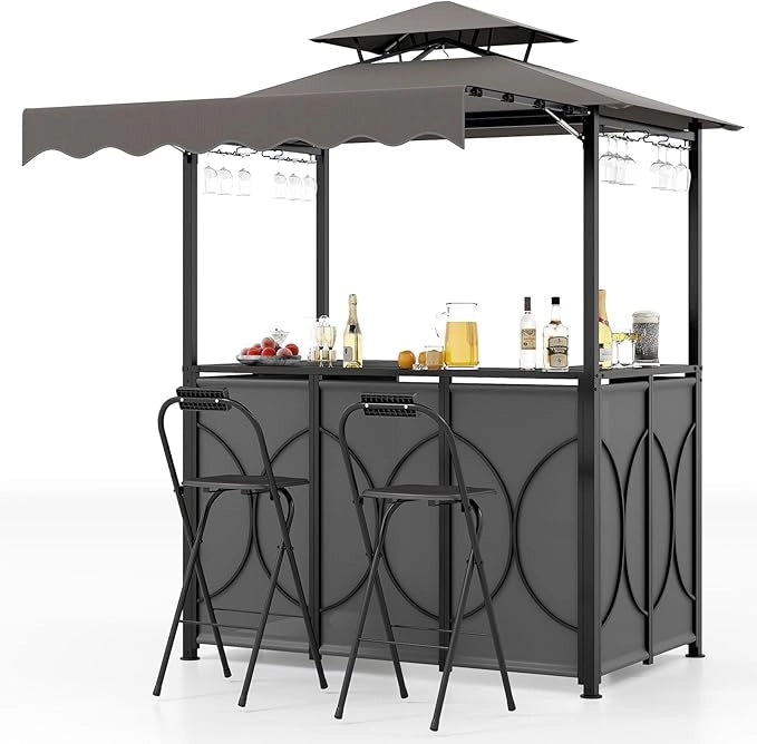 Gazebo per Barbecue, Pergola per BBQ con Tavolo Bar e 2 Sgabelli Bar Pieghevoli, Ripiani di Stoccaggio in Metallo, per Giardino e Cortile, 193 x 117 x 240 cm (Grigio)