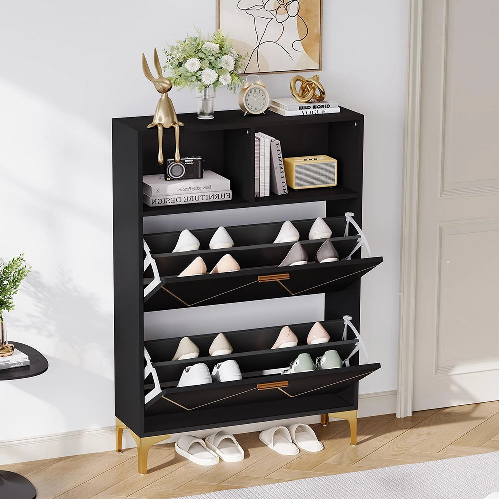 Armadio porta scarpe 2 ante 80x25x117 cm - Xylo - 4 scomparti, 2 ripiani aperti, piedi rialzati, MDF e metallo