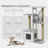 Albero Tiragraffi per Gatti Multi-livello con Cuccia e Corde in Iuta, 67x38.5x114 cm, Grigio