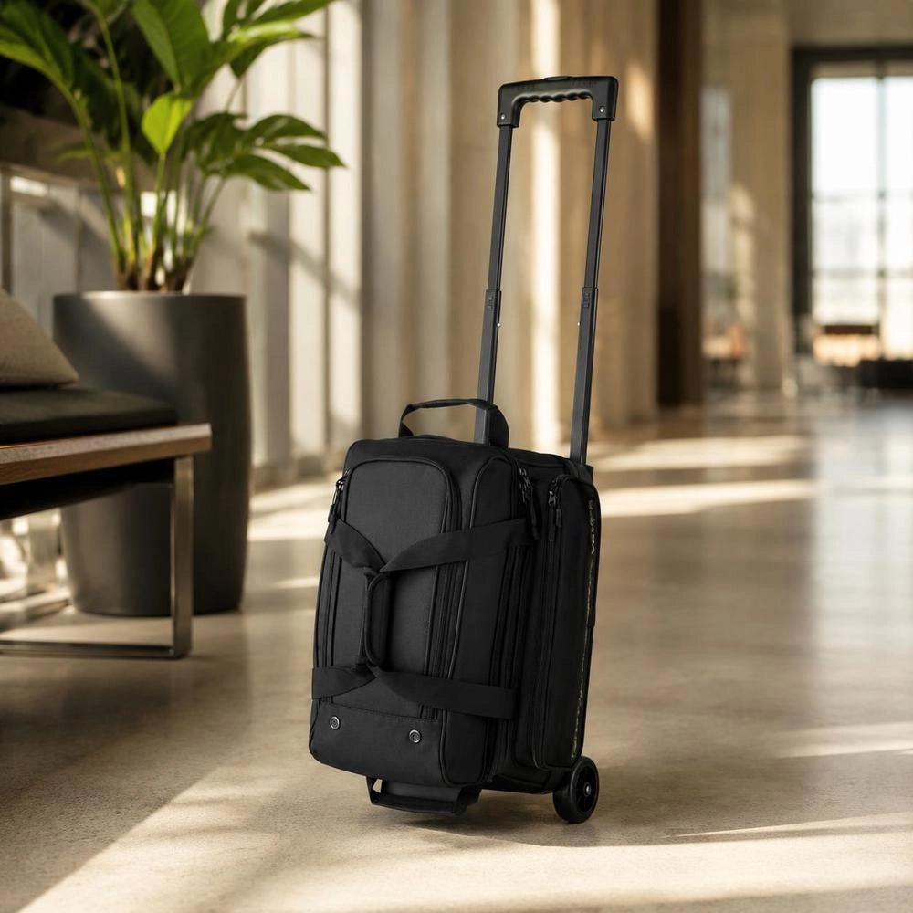 Bowling Ball Bag For 2 Balls With Double Wheels & Separate Compartment For Shoes (up To US Size 16) & Oversized Accessory Pocket, Retractable Handle Extends To 105 Cm, Black
