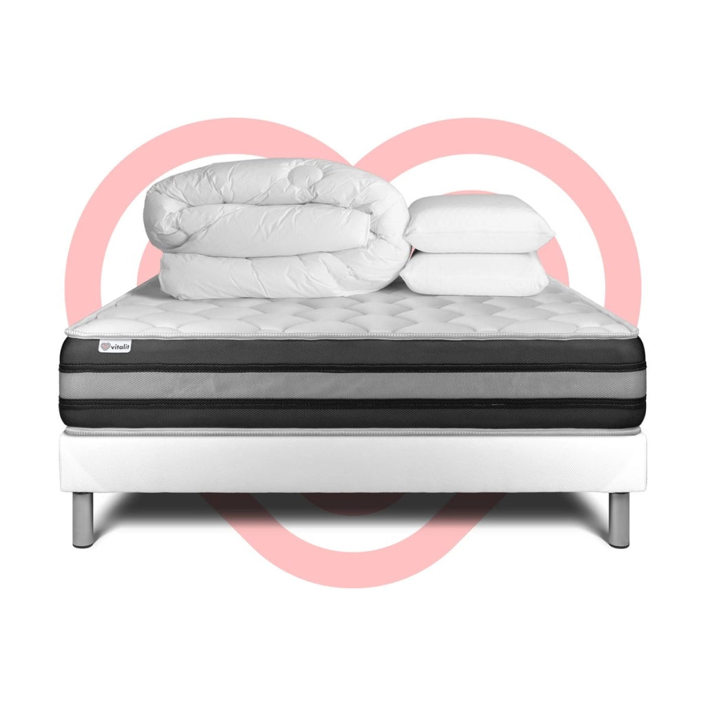 Pacchetto letto completo - Materasso 140x190cm + Box spring con doghe (in kit) + 2 cuscini + Piumino - Vitalspring Zen