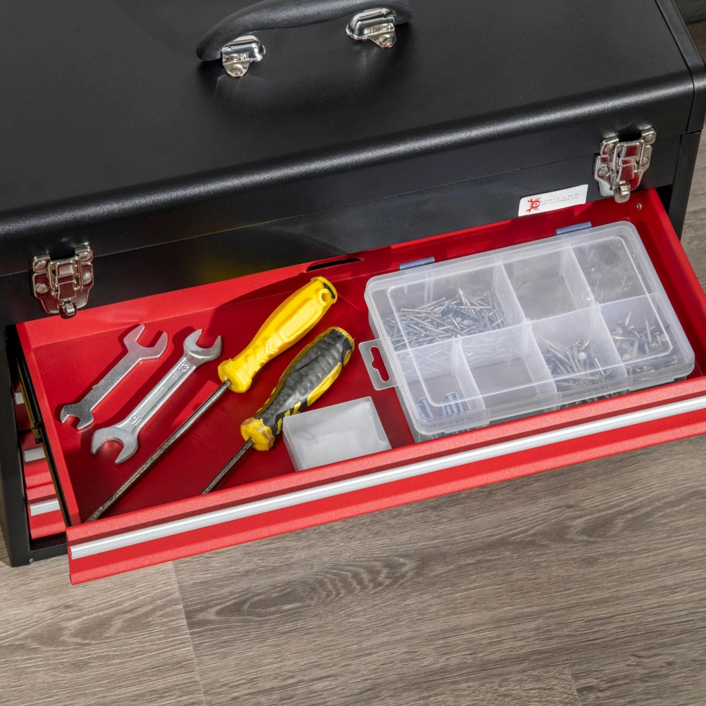 Cassetta Porta Attrezzi 4 Cassetti e Vassoio 51x22x39,5 cm in Acciaio Rosso e Nero