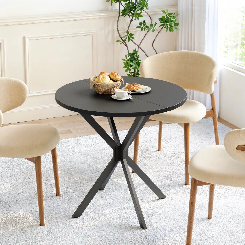 Tavolo da pranzo rotondo con gambe a X in ferro, piano nero, per cucina e home office, diametro 80 cm