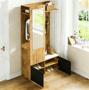 Set Appendiabiti con Specchio, Scarpiera, Panca e Mensola in MDF, 191x100x38 cm, Nero e Legno