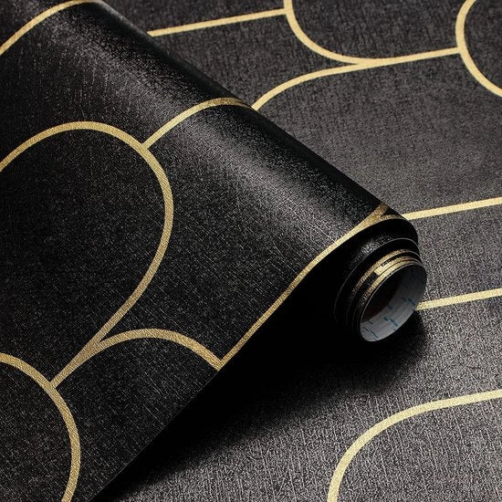 Decorazione per Parete Autoadesiva 44 x 300 cm - Nero/ Oro - Disegno Geometrico - Rimovibile - Resistente all'Acqua - Copertura per Parete in Vinile - Decorazione per Parete