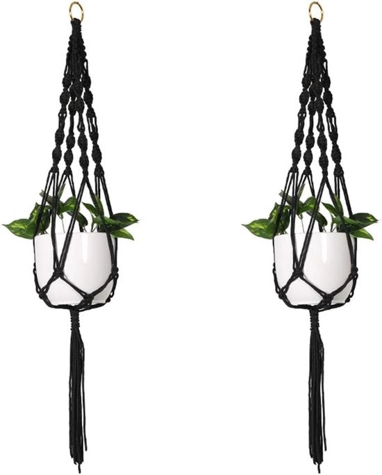 Porta piante - Porta piante Macramé Porta piante Porta piante appese Sacchetto di cotone Filo di cotone Nero Spilli 105 cm Set da 2
