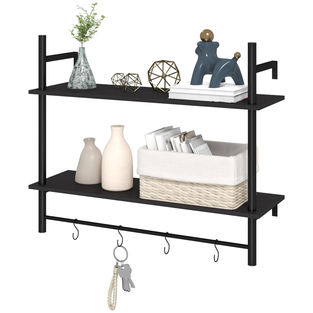 Scaffale a Parete 2 Livelli con Ganchi ¨C Zephmum ¨C 80x24x65 cm Nero