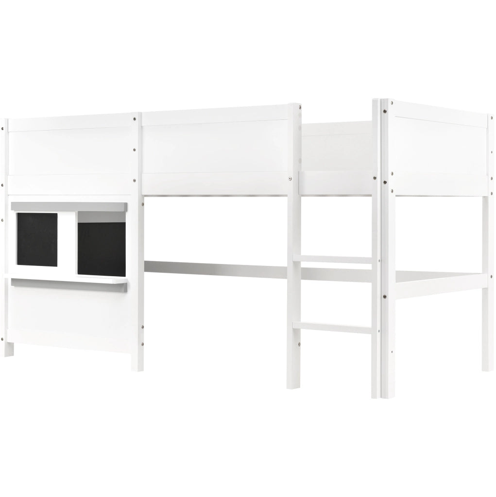 Letto a casetta per bambini con lavagna; scala a 3 gradini; 90x200 cm; in legno bianco
