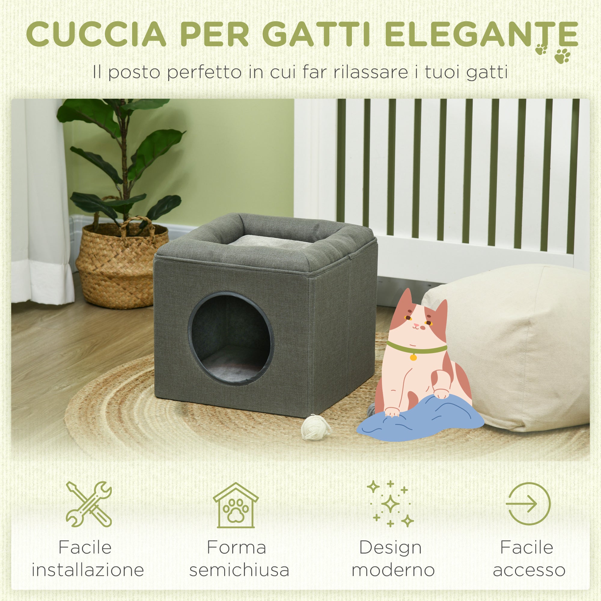 Cuccia a Casetta per Gatti a 2 Livelli 36,5x36,5x33 cm con Cuscino in Peluche in MDF e Poliestere Verde