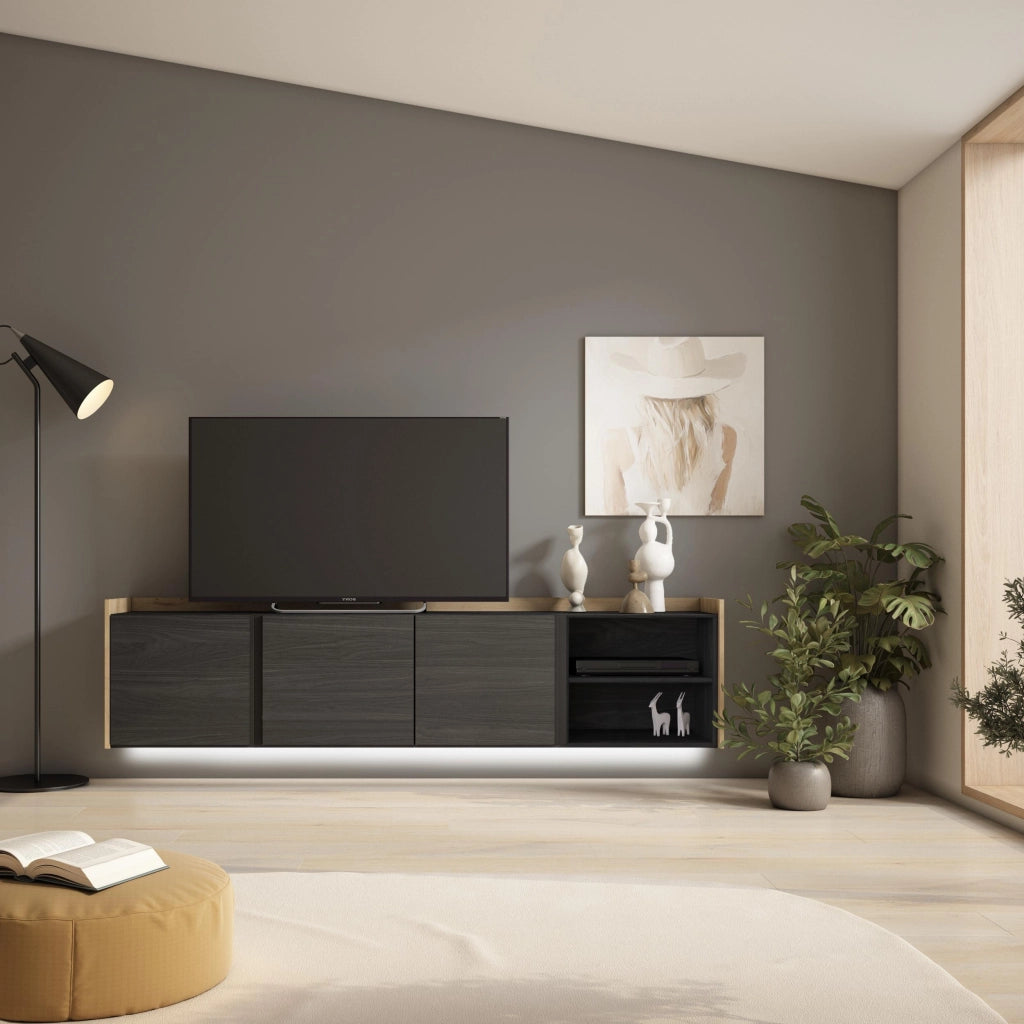 Mobile TV Soggiorno, 207x50x35 cm, Per TV fino a 80", Sospeso, da appendere, LED, Nero e rovere
