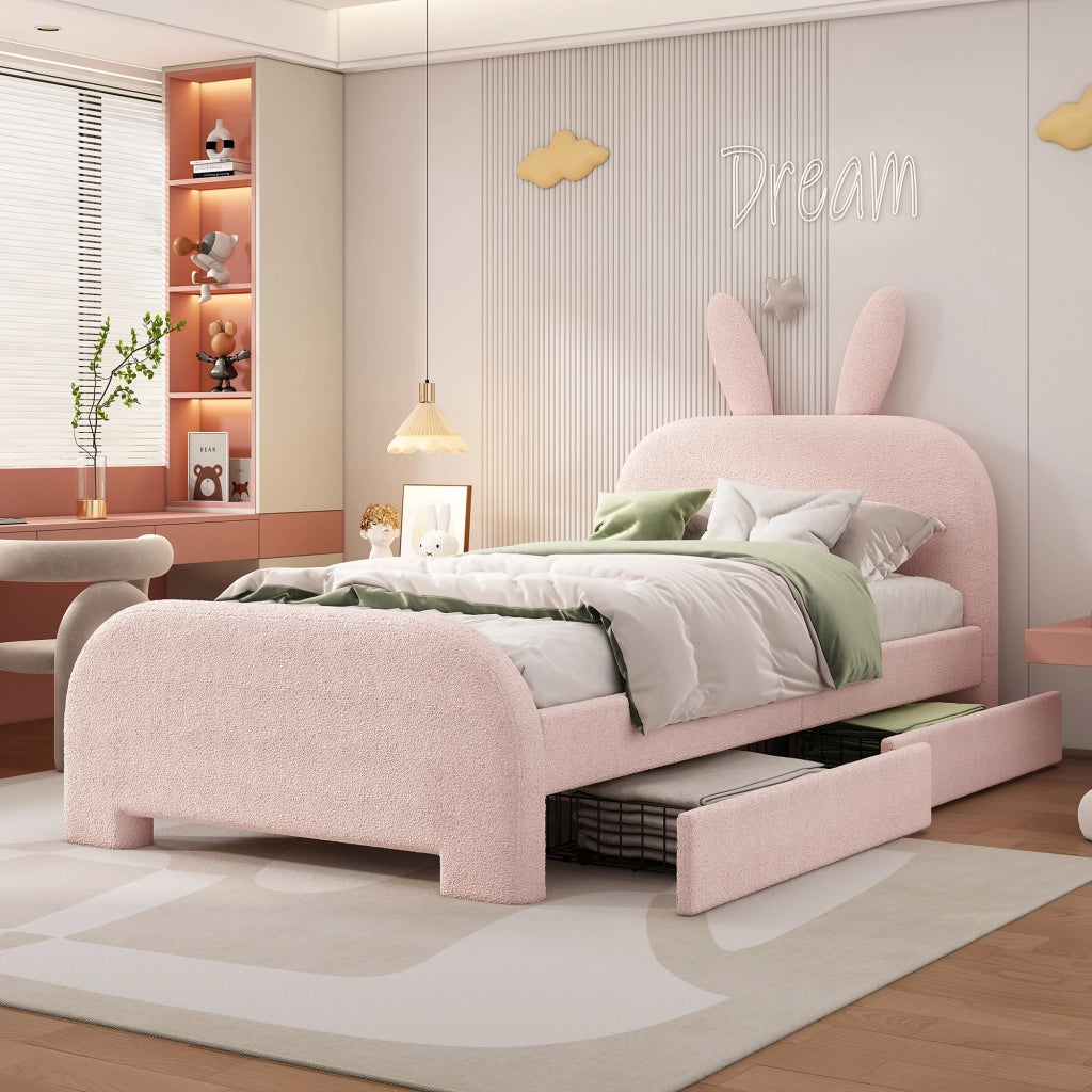 LETTO bambini 90x200 cm rosa in Plush e MDF con 2 cassetti