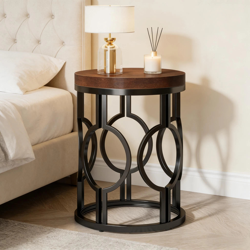 Tavolino basso rotondo stile industriale in MDF e metallo nero marrone rustico per soggiorno e camera da letto Ø45 × 50 cm