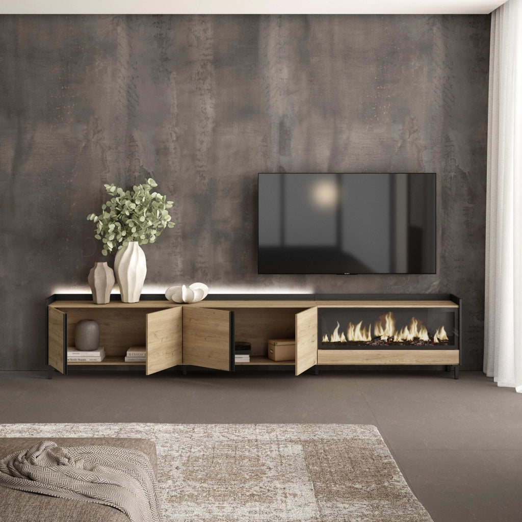 Mobile TV Soggiorno, 315x61x35 cm, Per TV fino a 80", Camino elettrico XXL, Design industriale, LED, Rovere e nero