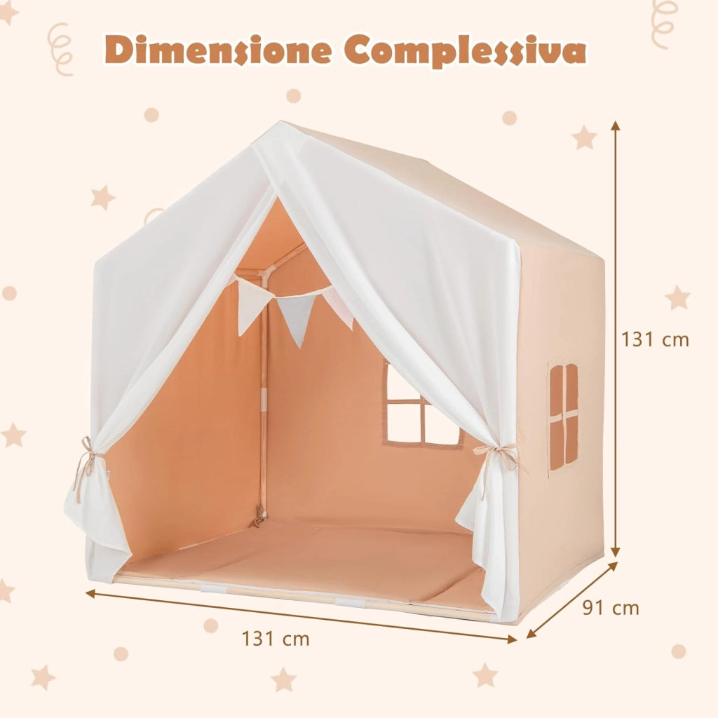 Tenda da Gioco per Bambini, Tenda per Bambini con Finestre Tappetino Lavabile in Cotone e Bandiera, Castello da Gioco per Bambini 3 Anni + (Marrone chiaro)