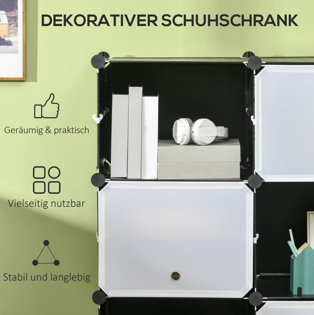 Scarpiera modulare ULEVR 125x32x125 cm con 12 cubi e ante rimovibili, plastica nera e bianca