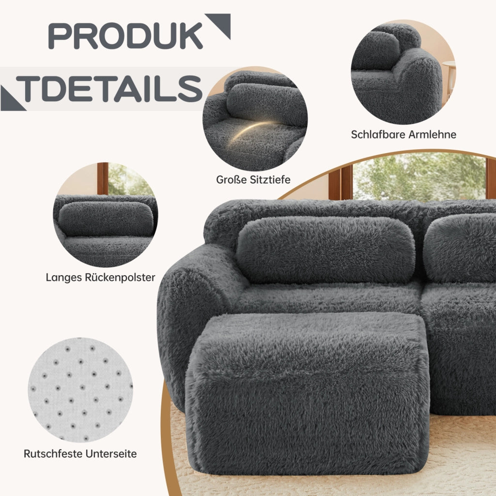 Divano modulare 4 posti in tessuto peluche grigio 378x104x73 cm; senza struttura
